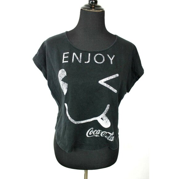Coca Cola Coke Cropped T Shirt size 11 13 L Juniors Black Graphic Loose Enjoy - Picture 1 of 3